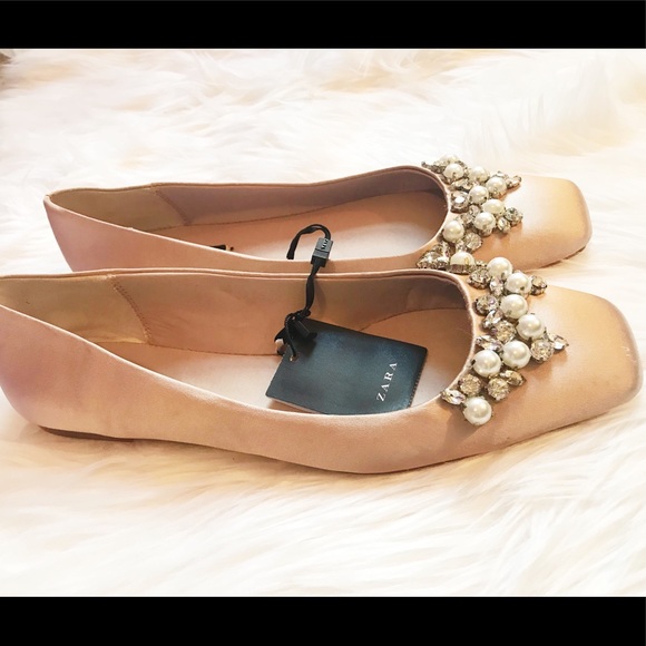 NWT Zara Nude Blush Jeweled Satin Ballerina Flats - Picture 7 of 7